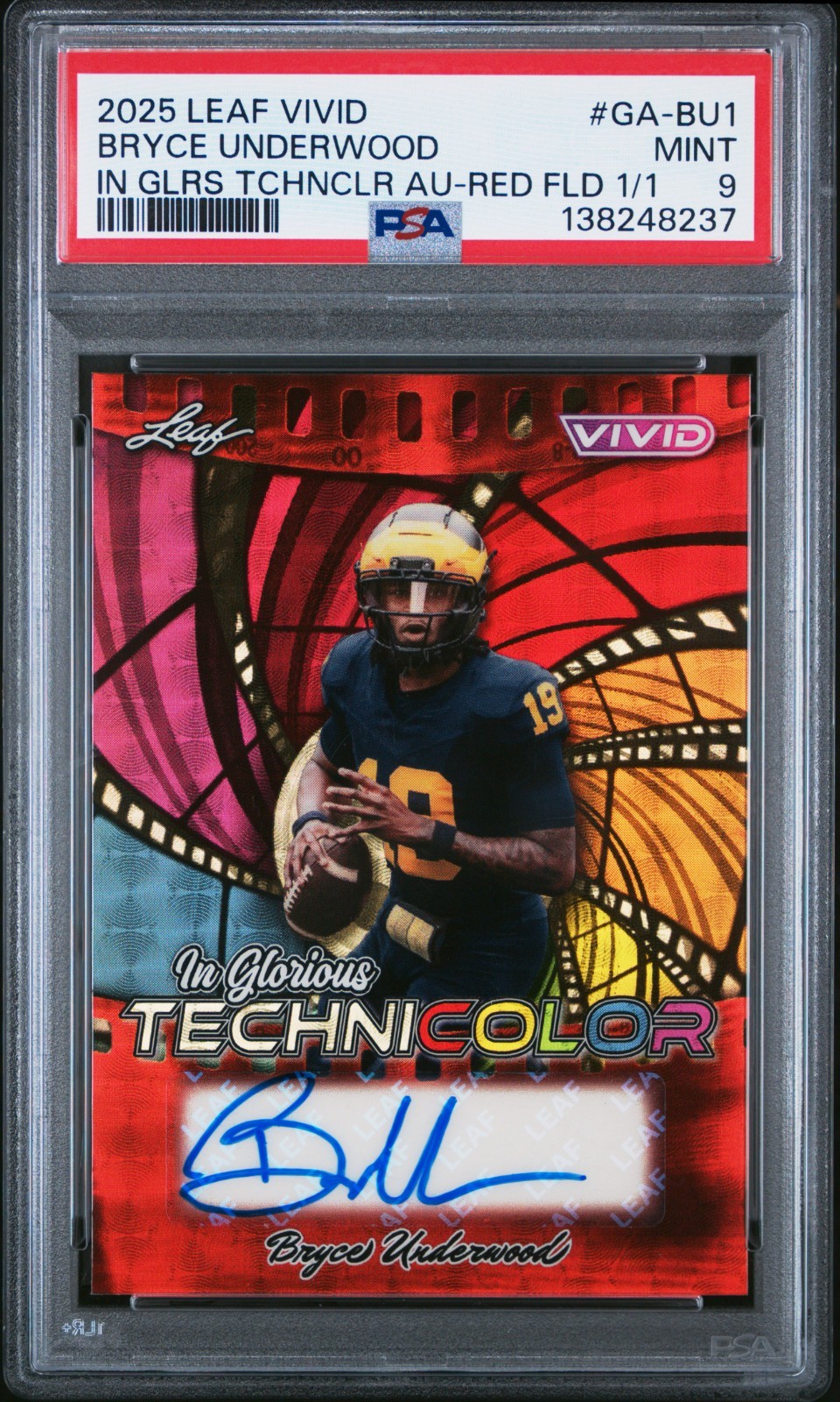 RARE 1/1 + Pop 1 2025 Leaf Vivid Bryce Underwood Technicolor Auto #GA-BU1 RARE 1/1 + Pop 1 2025 Leaf Vivid Bryce Underwood Technicolor Auto #GA-BU1