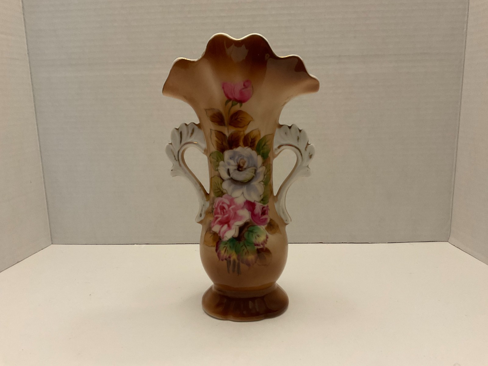 Antique Pair Hand-Painted Porcelain Floral Vases with Gilt Openwork Handles Antique Pair Hand-Painted Porcelain Floral Vases with Gilt Openwork Handles