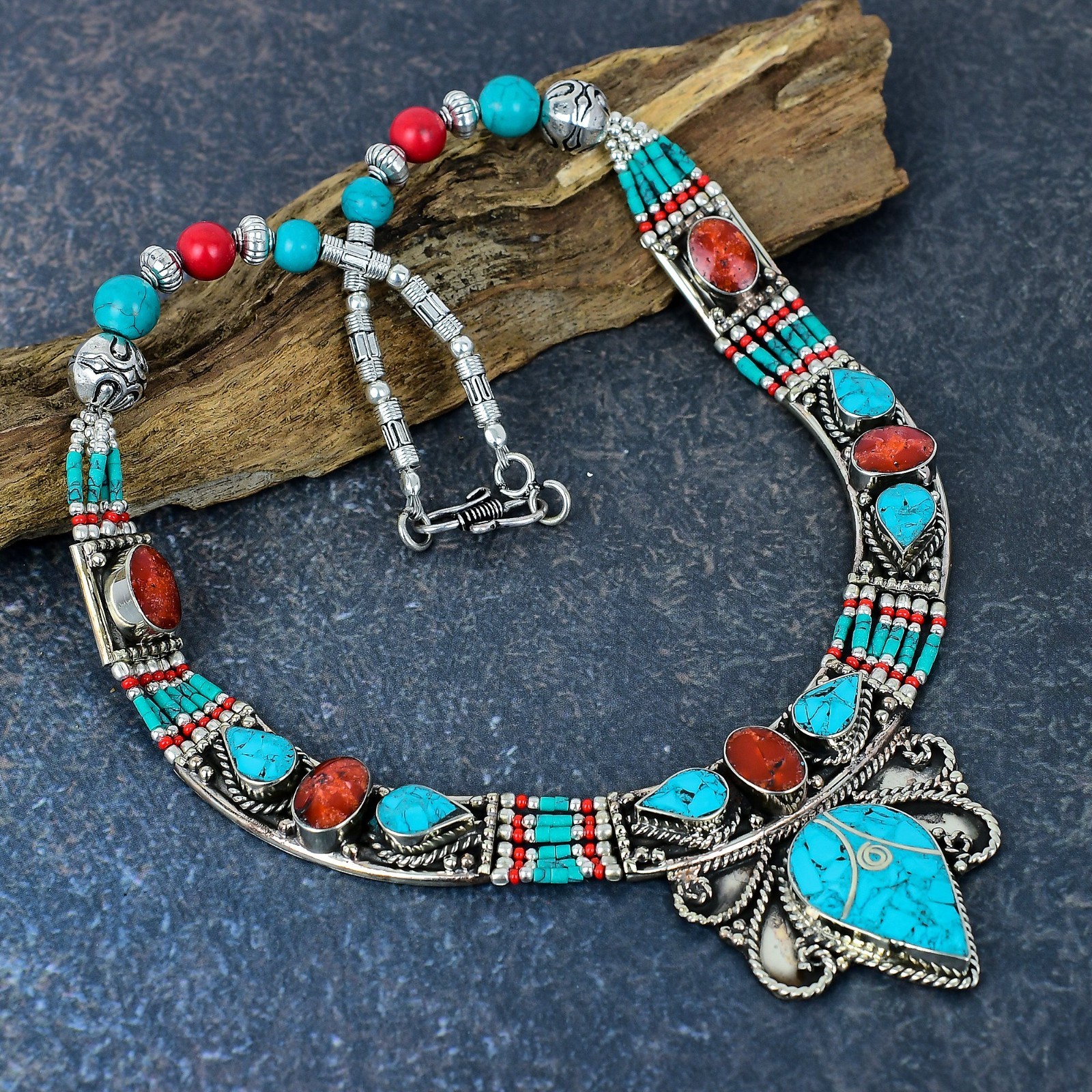 Turquoise Gemstone Handmade 925 Sterling Silver Tribal Nepali Jewelry Necklace Turquoise Gemstone Handmade 925 Sterling Silver Tribal Nepali Jewelry Necklace