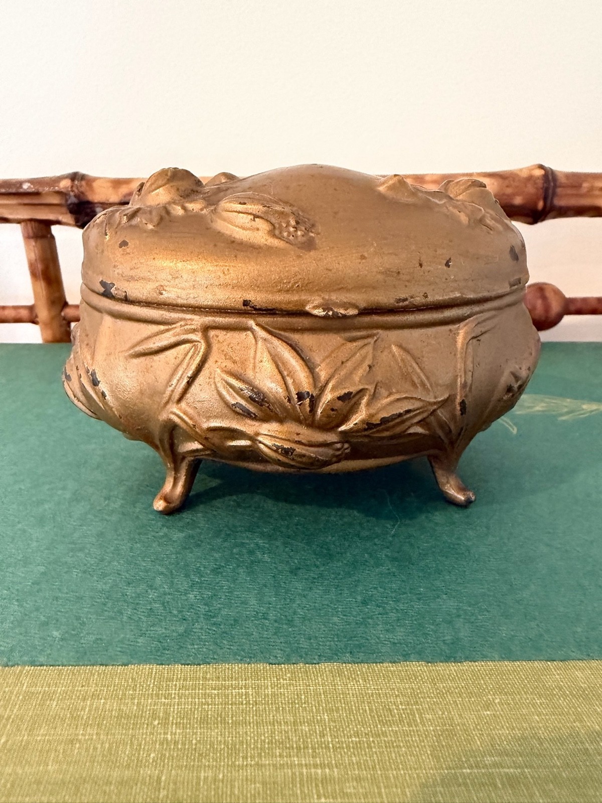 Antique 1900's Art Nouveau Gilt Metal Roses Footed Jewelry Box Casket
