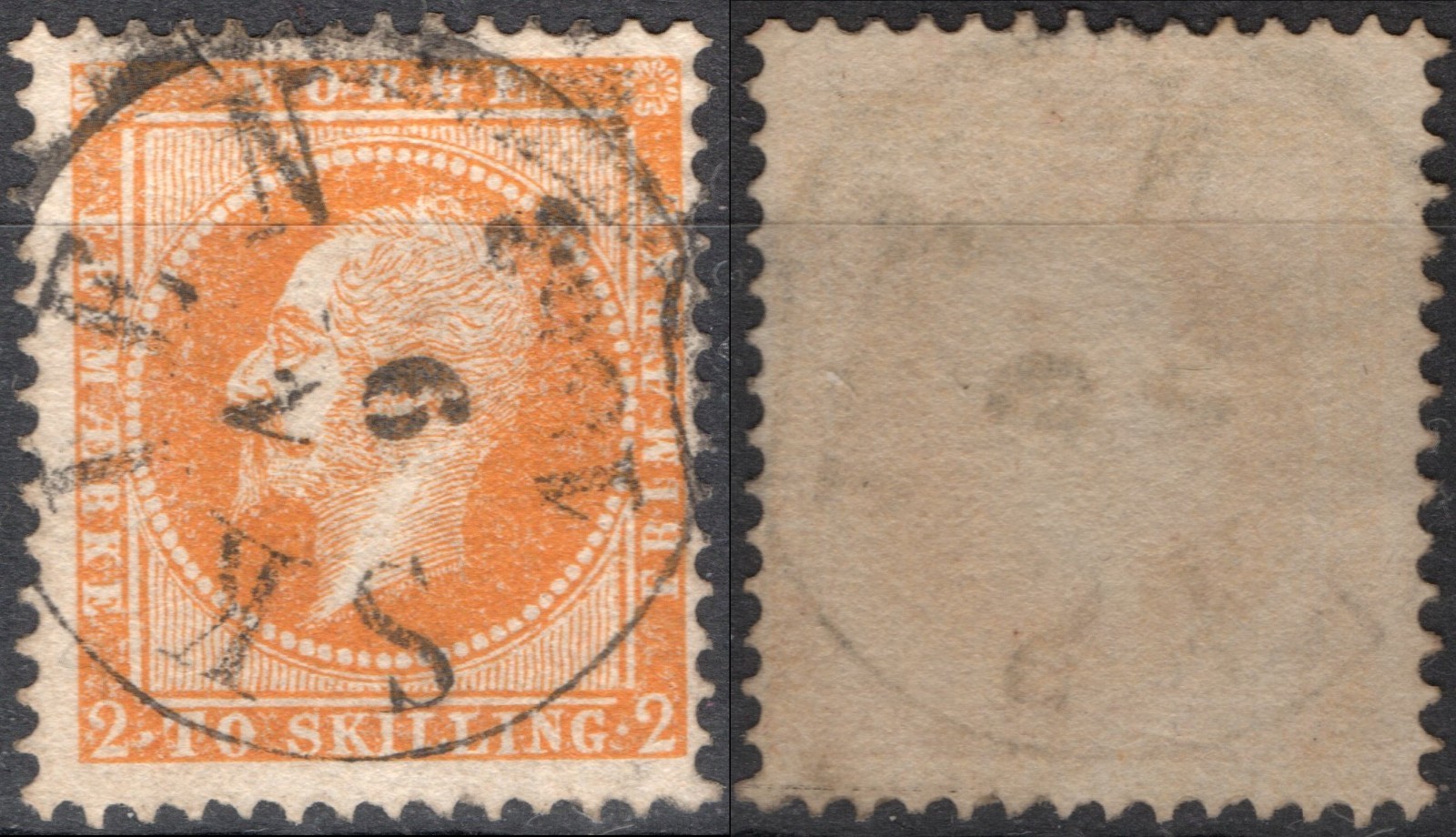B10-4 Norway 1856-57 NK 2,nicely canc. Skien 4/9 1863, King Oscar i, MI 2, Sc #2
