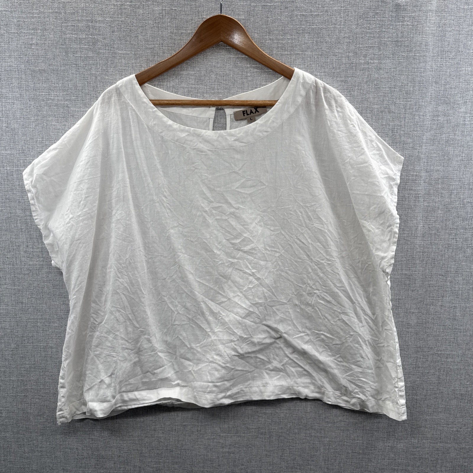 FLAX Linen Blouse Large Relaxed White Short Sleeve Boat Neck Laghenlook Beach