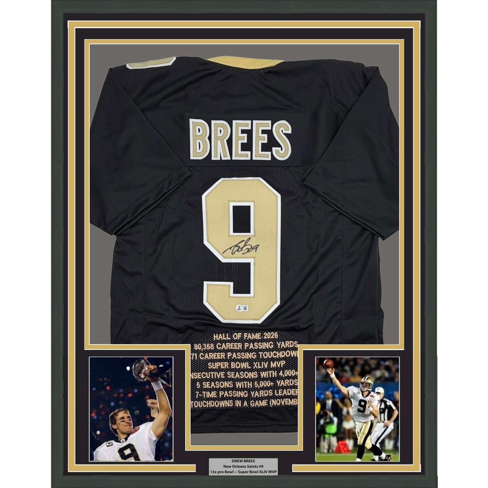 Framed Autographed/Signed Drew Brees 35x39 New Orleans Stat Jersey BAS COA