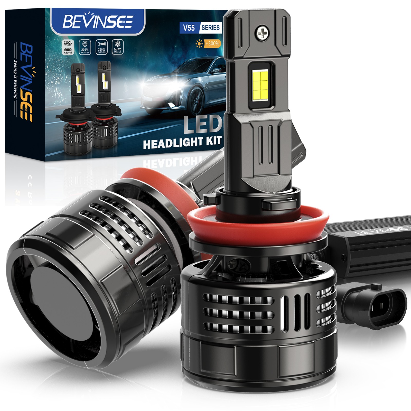 Bevinsee 2X H11 H8 H9 LED Headlight Bulbs Fog Light 150W 40000LM White Brighter