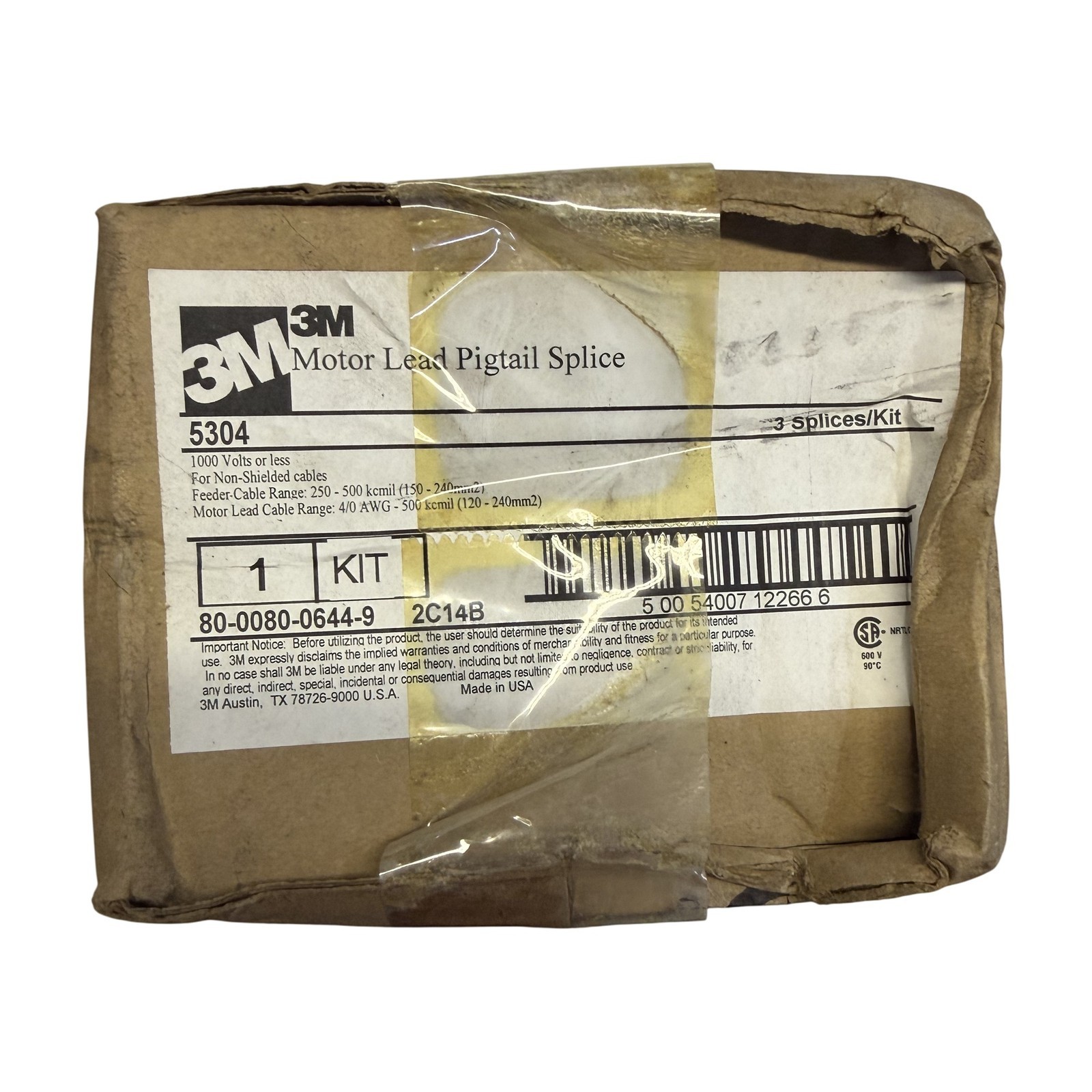 3M 5304 Motor Lead Pigtail Splice Kit 1000V 250-500 kcmil 3 Splices/Kit