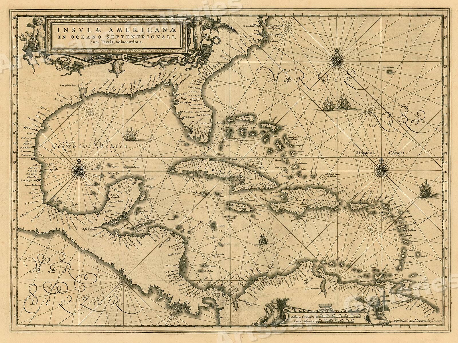 1650s “Insulae Americanae” Vintage Style US Caribbean Map - 18x24