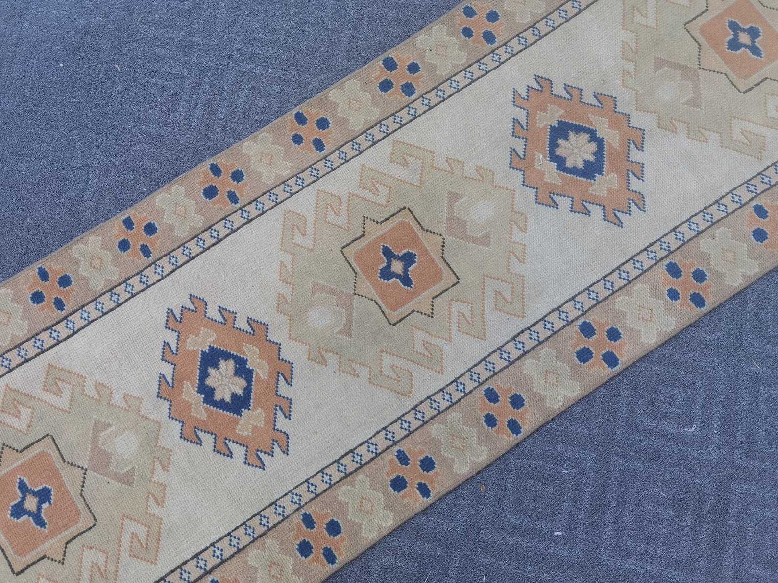 Vintage Turkish Oushak Runner 2x8 ft Hand Knotted Wool Blue Geometric Boho Rug