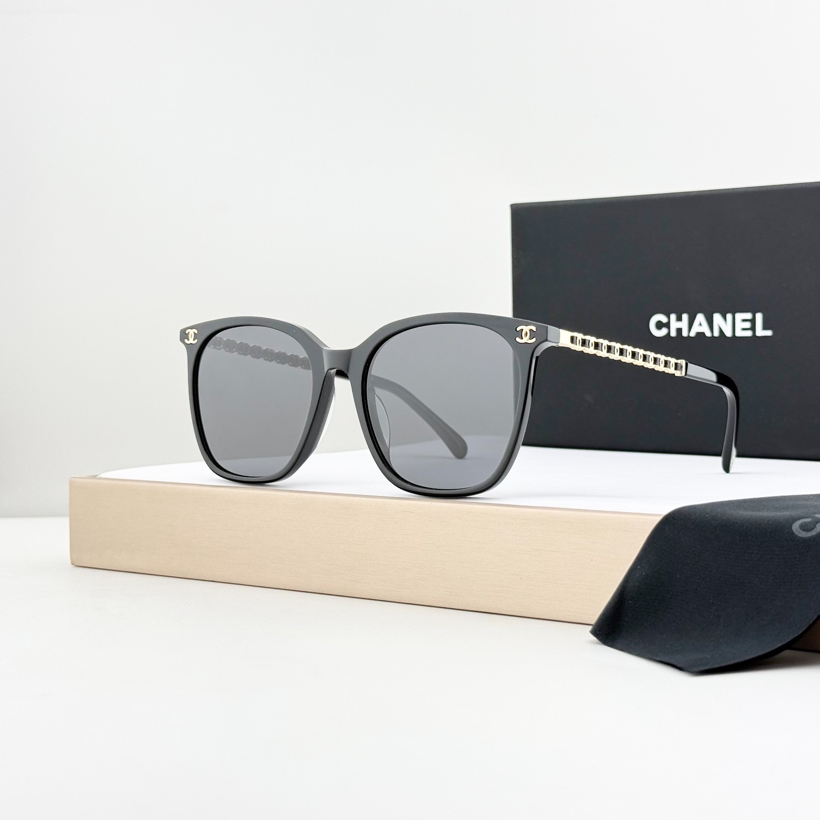CHANEL CH3435 Square Sunglasses Black Gold Frame Grey Lens Unisex 54-20-145