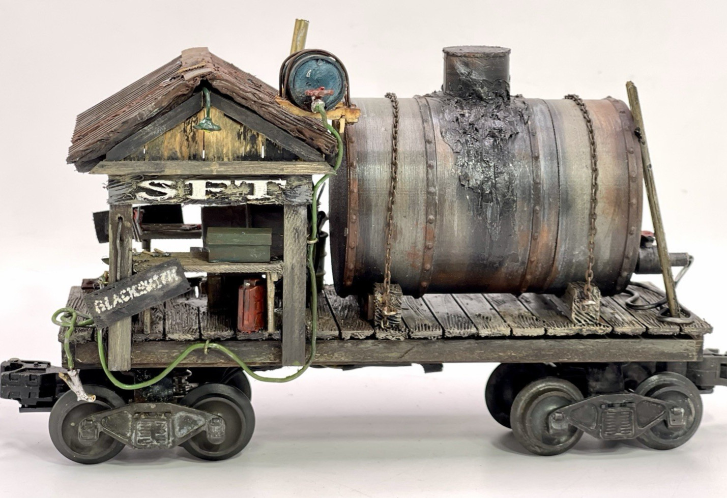 O gauge Custom, Handmade, Painted, & Weathered, Black Smith Car, Flicker, LEDs.