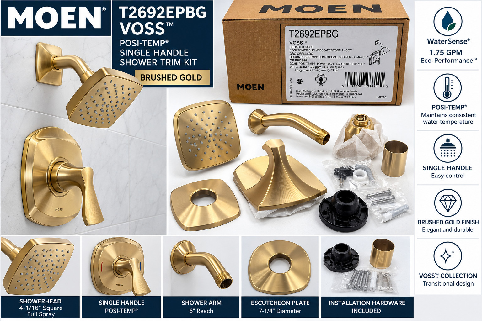 Mo*en T2692EPBG Voss Posi-Temp Shower Trim Kit Brushed Gold 1.75 GPM