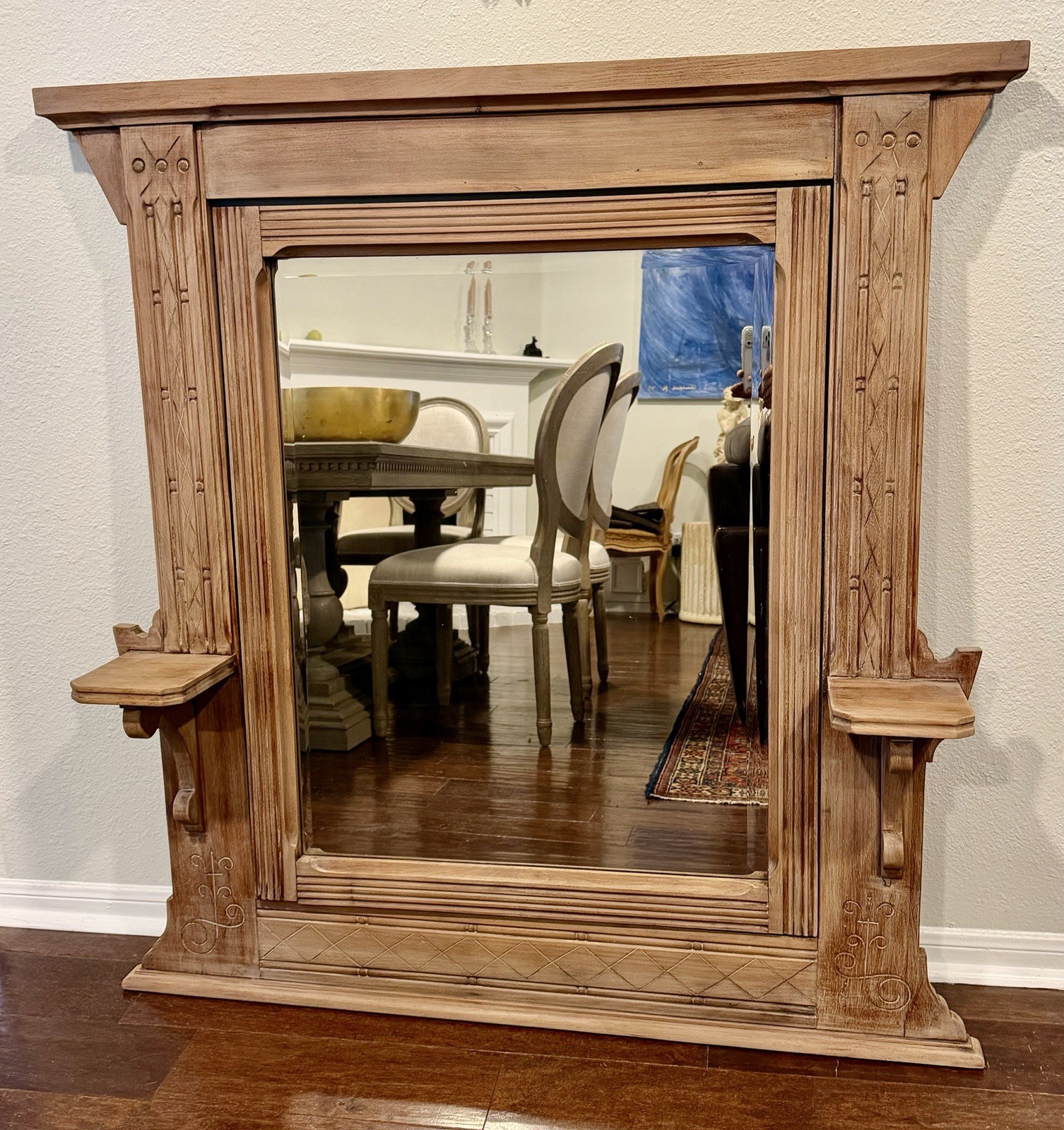 Large ANTIQUE FRENCH-STYLE CARVED OAK OVERMANTEL MIRROR Mirror France C. 1800’s