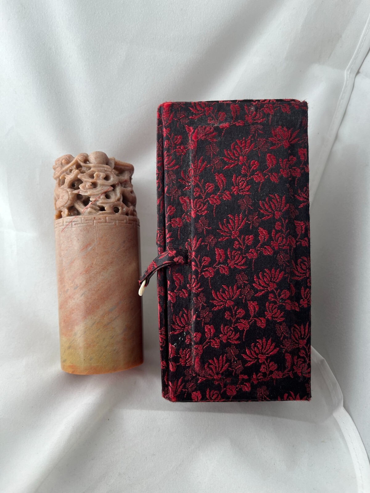 Antique Chinese Hand Carved Statue Cylinder Seal Stamp with Vintage Case - AS IS