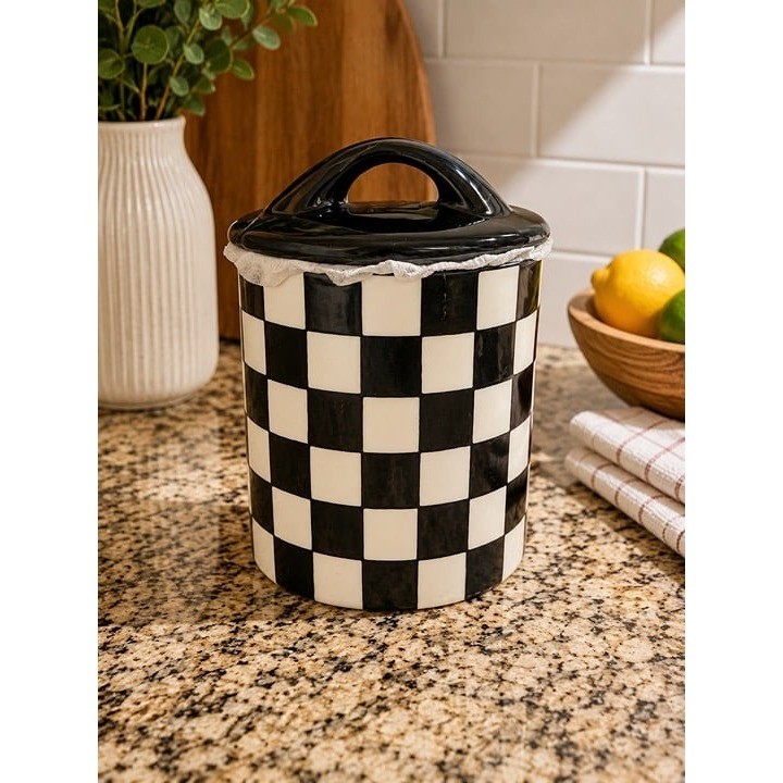 NWT Checkered Black and White Ceramic Canister with Lid - Potters Studio NWT Checkered Black and White Ceramic Canister with Lid - Potters Studio