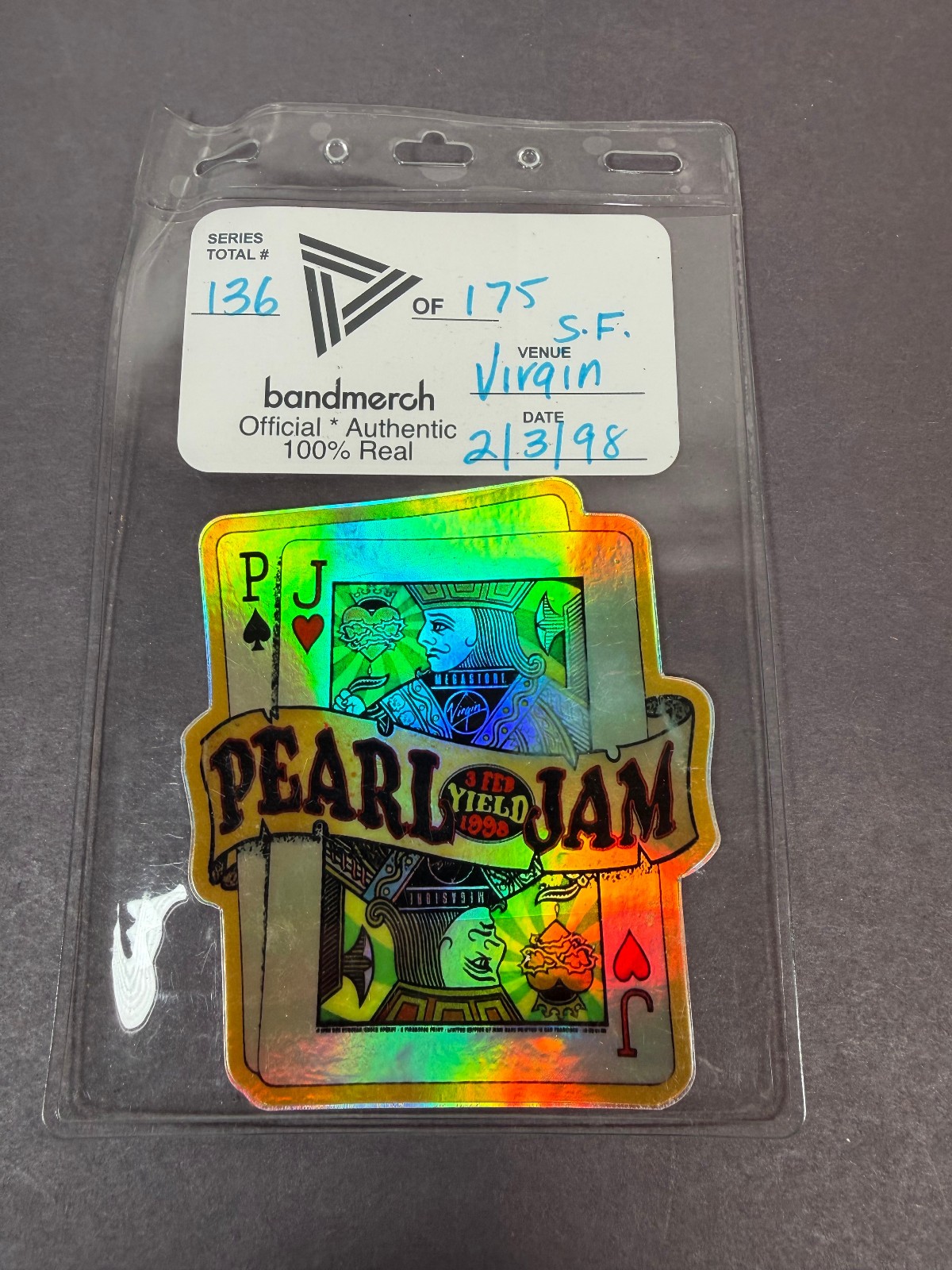 Bandmerch Pearl Jam Yield San Fransisco 2-3-1998 Concert VIP Sticker 136 of 175
