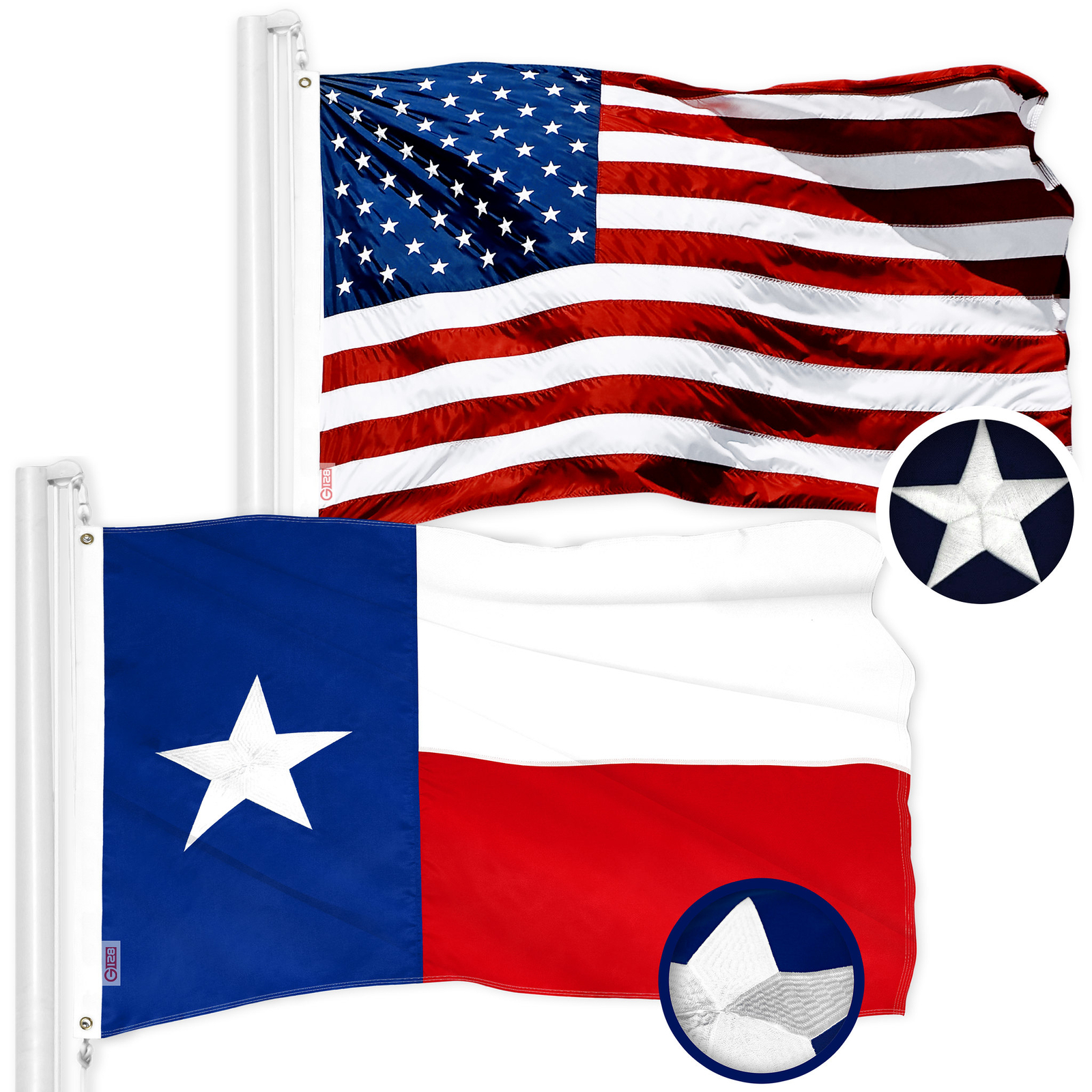 G128 Combo: USA Flag & Texas TX State Flag Both 3x5 Ft Embroidered Polyester