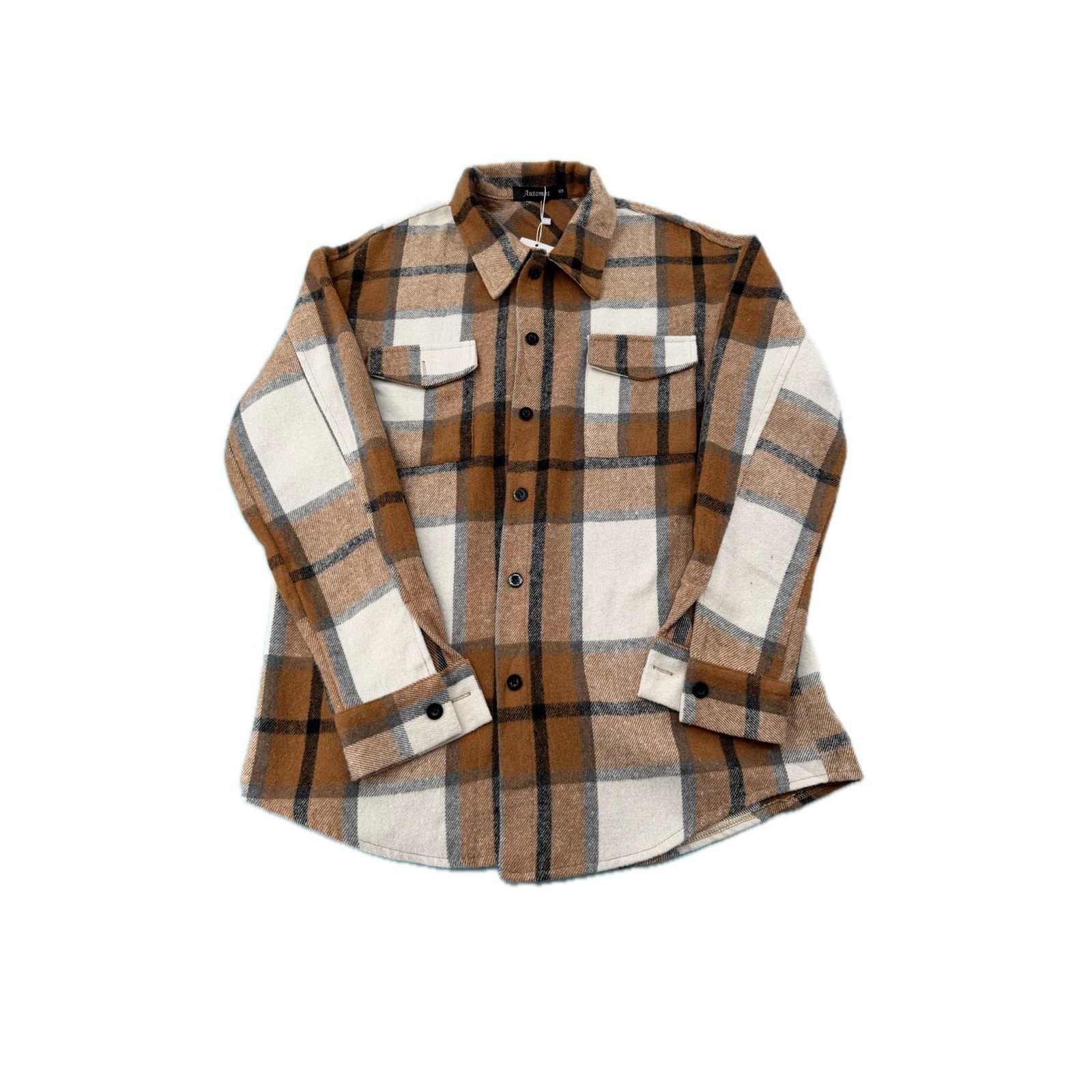 Automet Women\'s Small Brown White Plaid Flannel Button Down Shacket Jacket NWT Automet Women\'s Small Brown White Plaid Flannel Button Down Shacket Jacket NWT