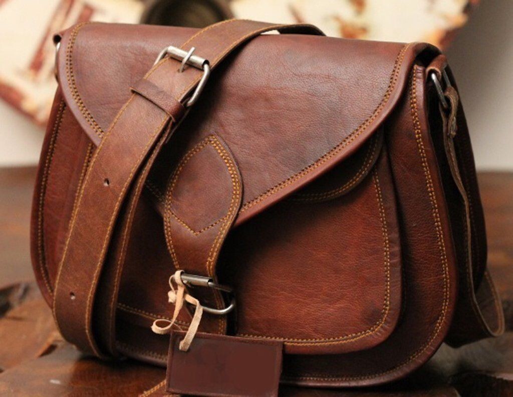 Vintage Saddle Bag Genuine Goat Cross-body Bag Leather Brown Messenger Shoulder