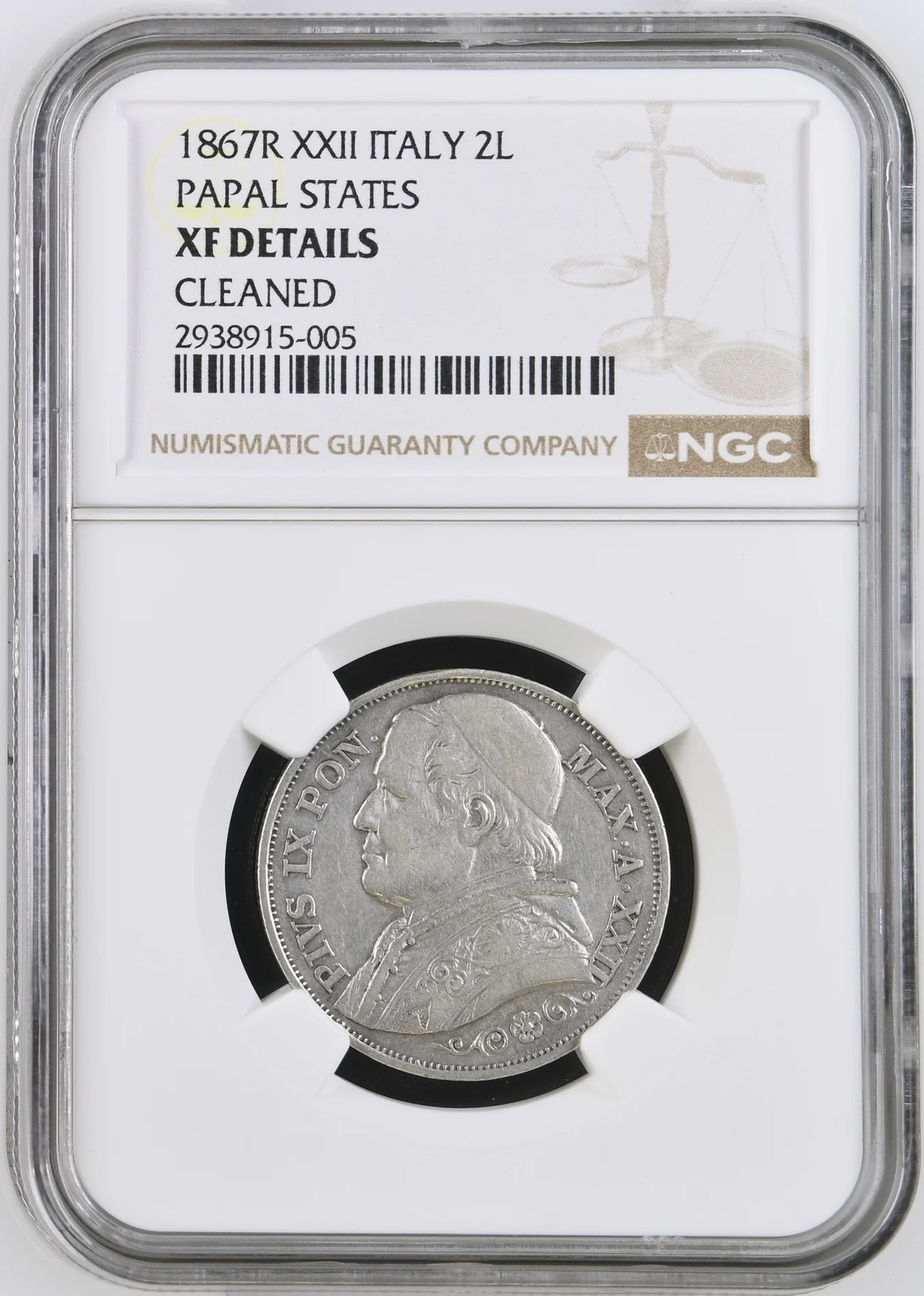 1867-R ITALIAN STATES Silver 2 LIRE NGC XF Details R XXII PAPAL STATES