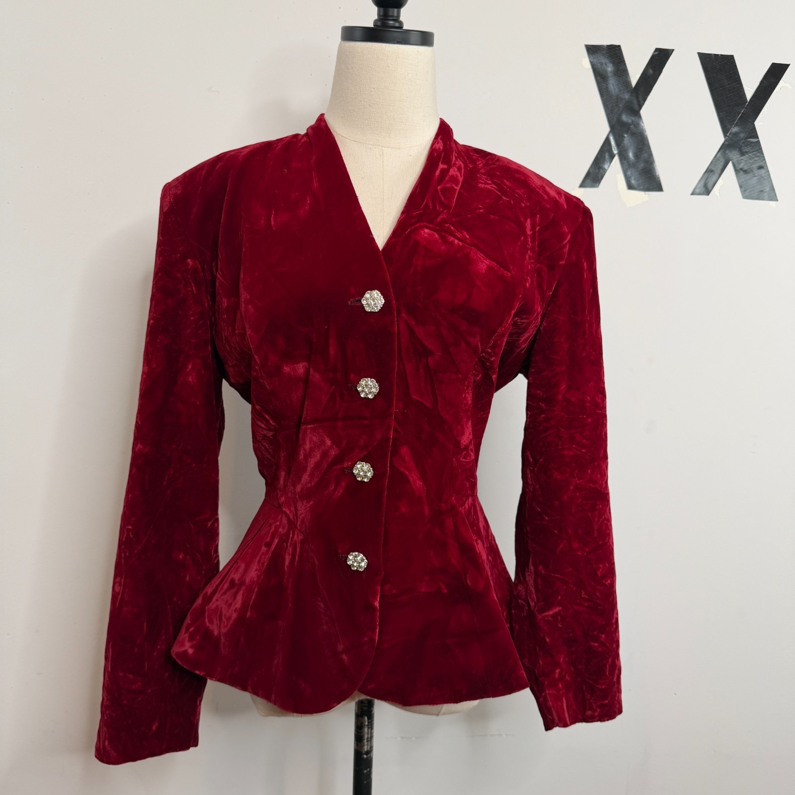 Vintage 80s Red Crushed Velvet Rhinestone Button Peplum Blazer Jacket USA 14