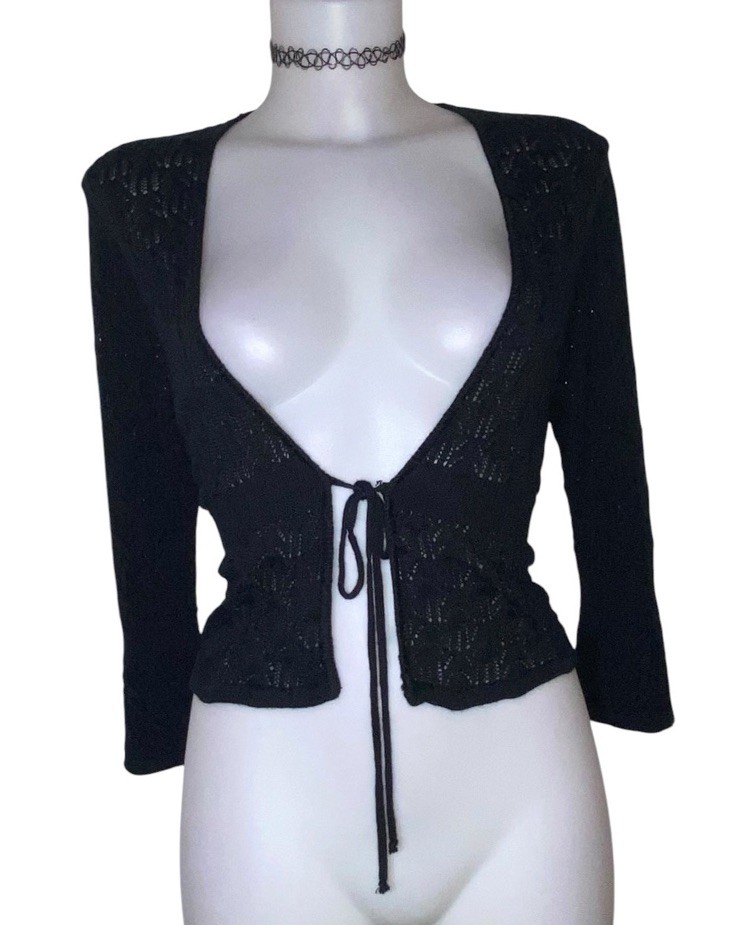 90s Y2k Womens Black Knit Crochet Cardigan Top Sz XL Cottagecore Coquette Kawaii