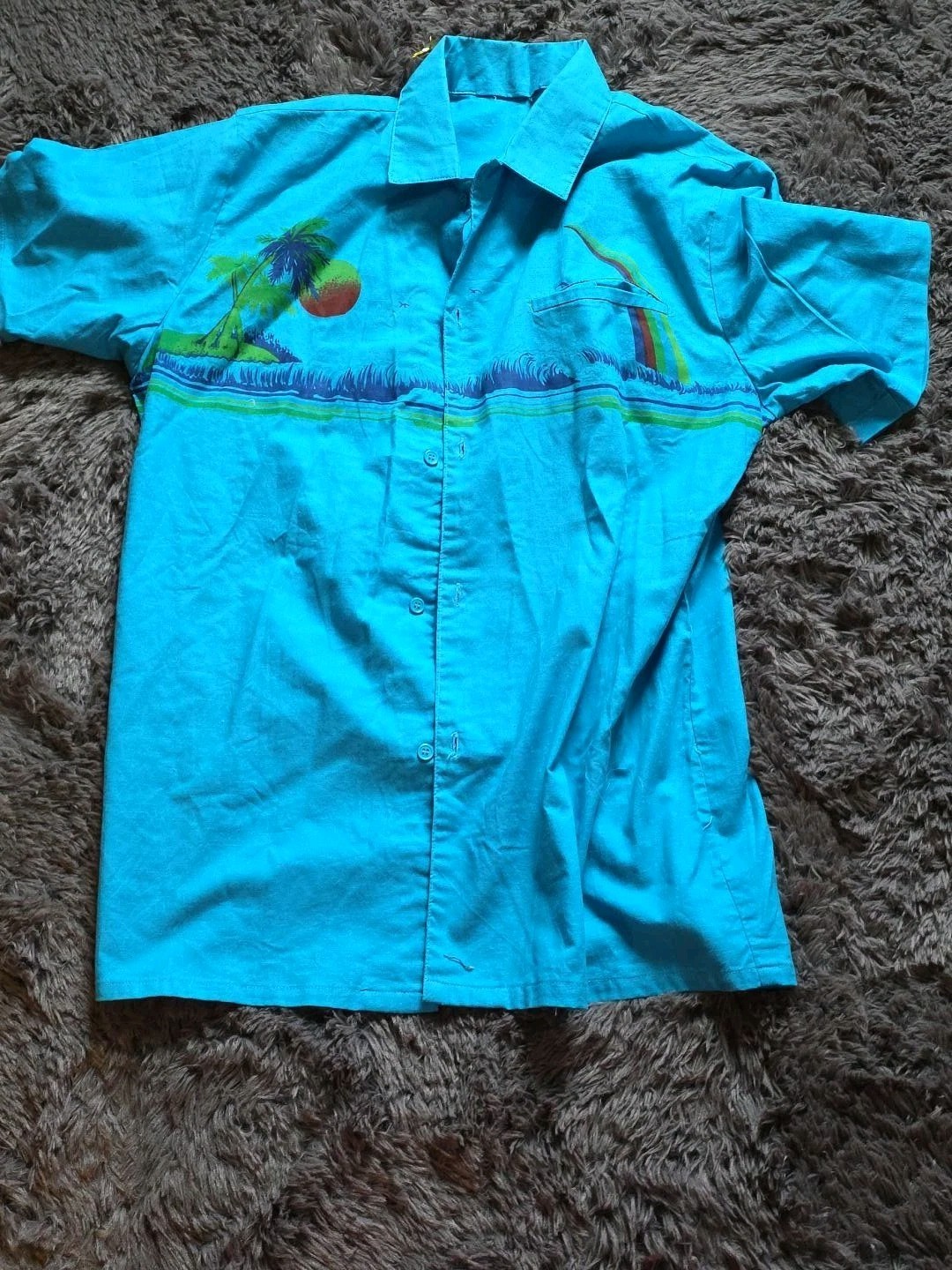 Vintage 70s 80s Hawaiian Shirt Tropical Palm Sunset Sailboat Rainbow M