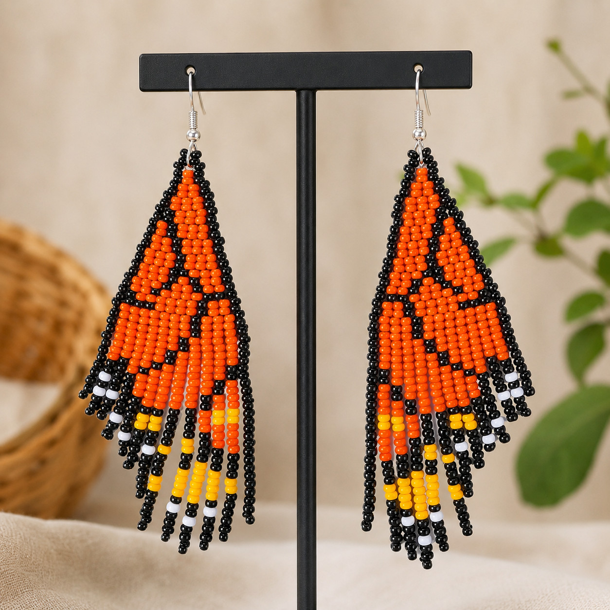 Handmade Monarch Butterfly Beaded Earrings – Guatemalan Artisan Statement Fringe