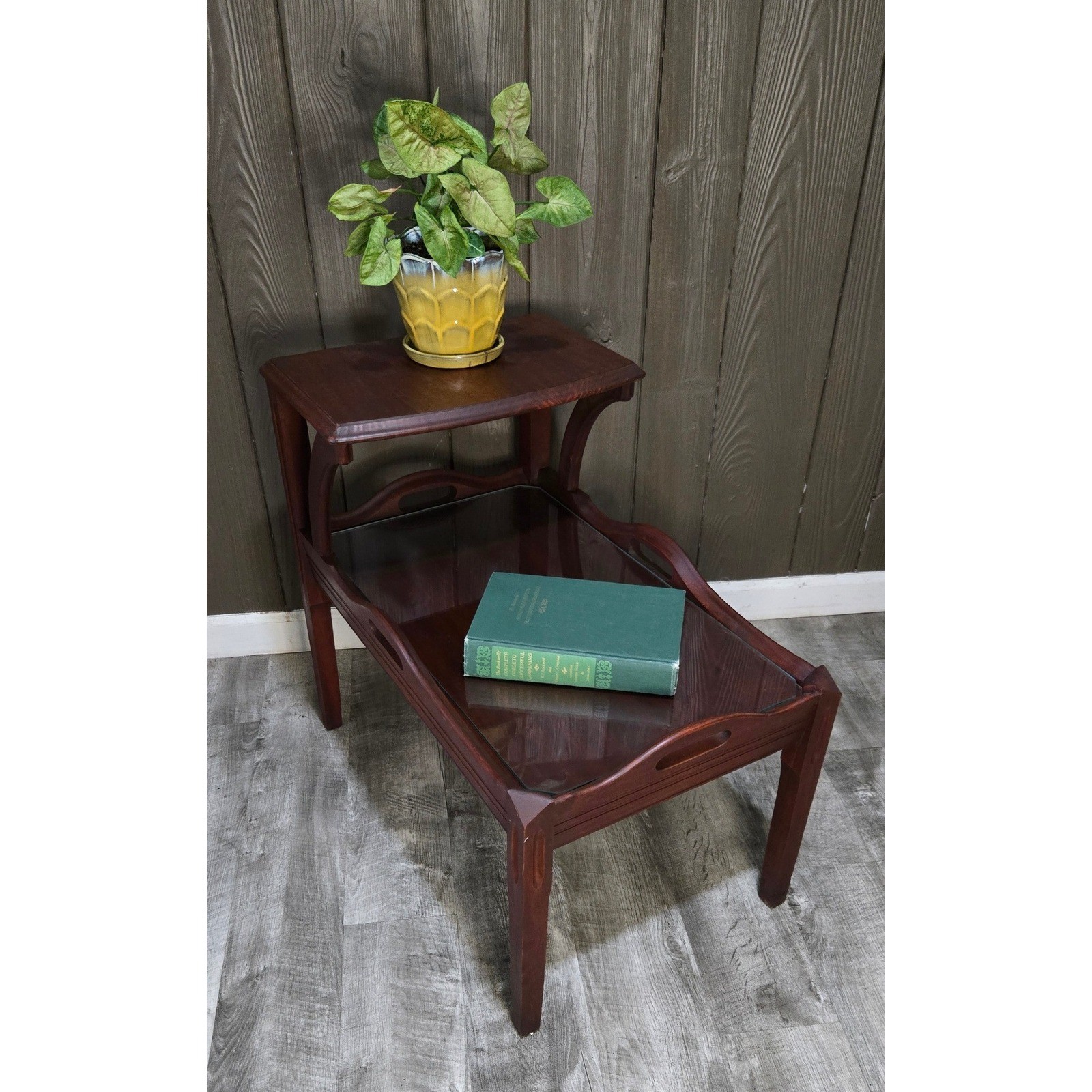 Vintage MCM Mahogany 2 Tier Telephone Side Table Glass Tray Shelf Regency 28\