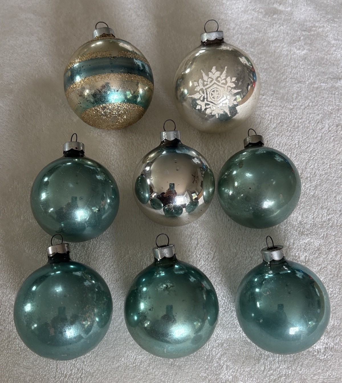 Vintage Aqua/Teal /Silver Snowflake, Stripe Solid Christmas USA Glass Ornaments