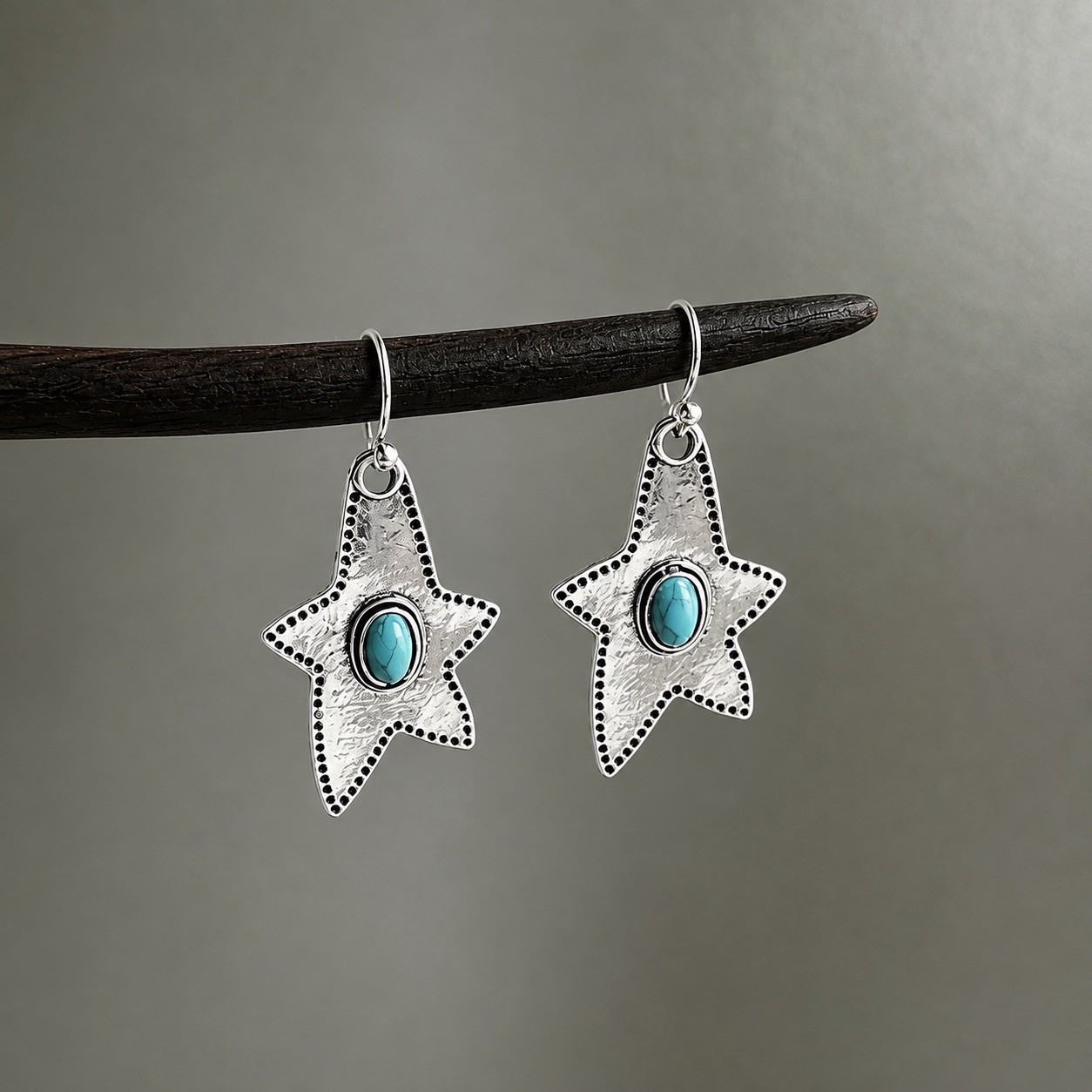 Vintage Silver Boho Turquoise Star Dangle Earrings Western Cowboy Earrings C58