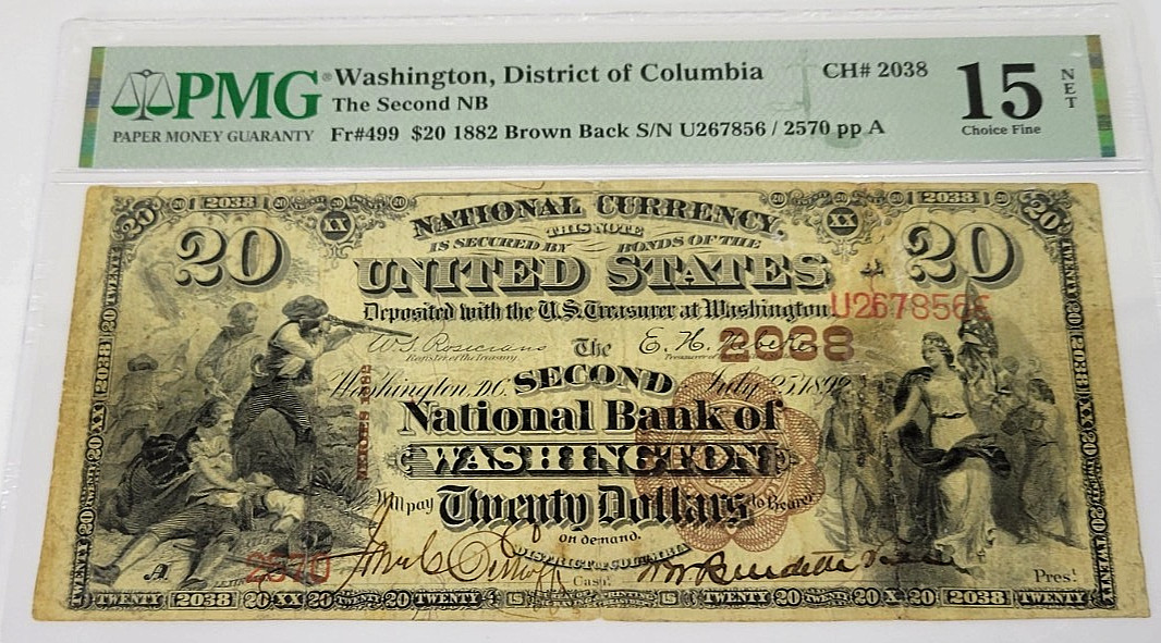$20 1882 Brown Back National Bank Washington DC PMG Choice Fine 15 Charter 2038