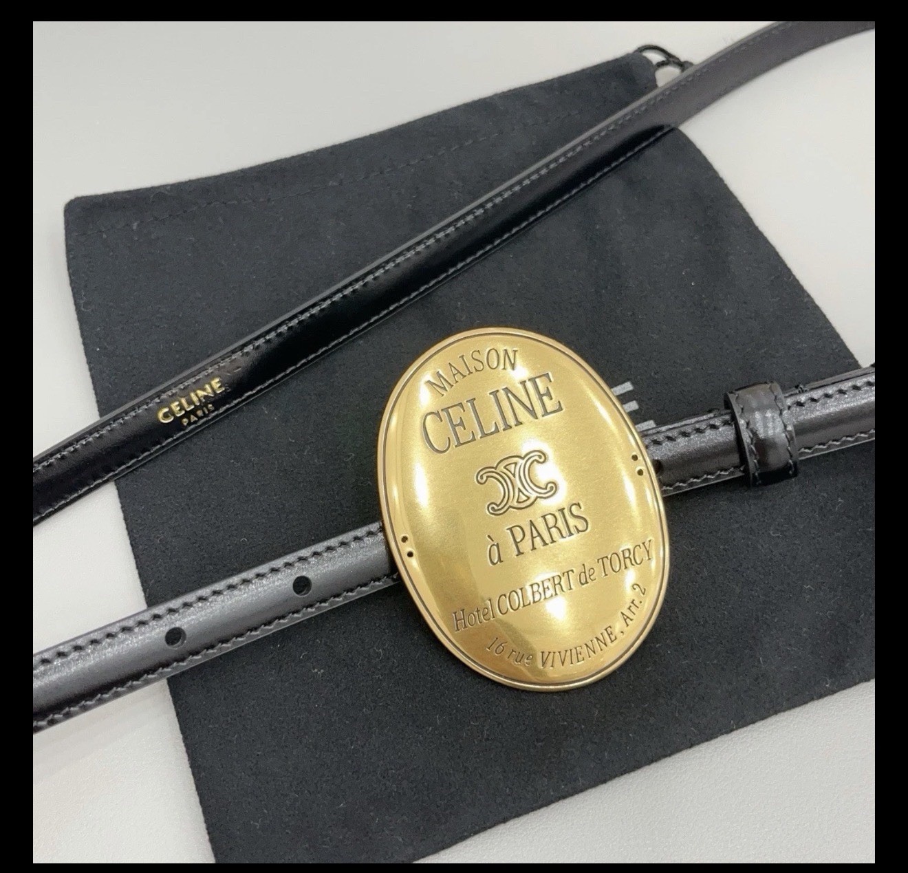 Women\'s Celin*e 1.3cm/0.51in Black Leather Belt gold retro oval badge buckle Women\'s Celin*e 1.3cm/0.51in Black Leather Belt gold retro oval badge buckle