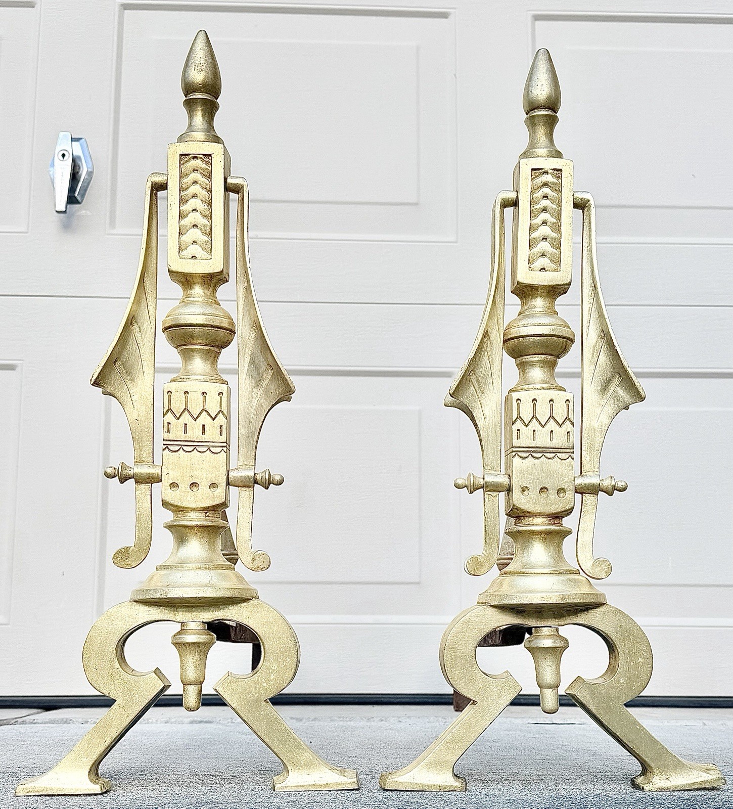 Antique Aesthetic Movement Brass Fireplace Andirons Fire Dogs Pair c. 1890-1900s
