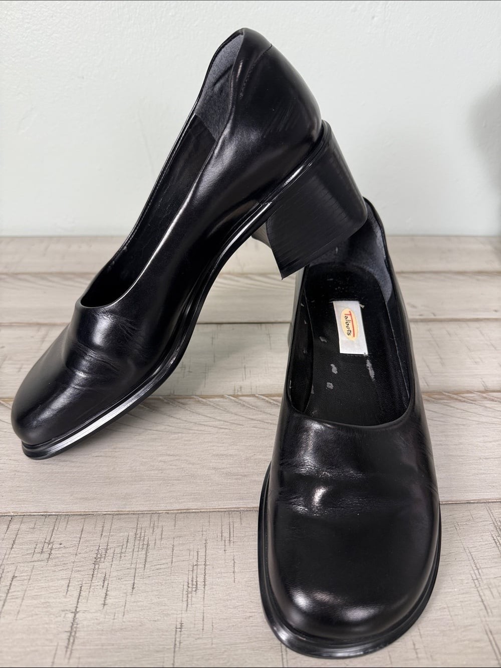 Talbots Vintage Black Leather Square Toe Block Heel Pumps Corporate Chic 90s Y2K