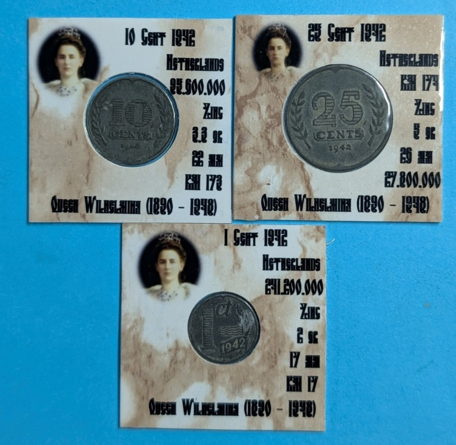 1942 Netherlands 1 10 25 cent Coins Nazi Occupation WWII #NI 1942 Netherlands 1 10 25 cent Coins Nazi Occupation WWII #NI