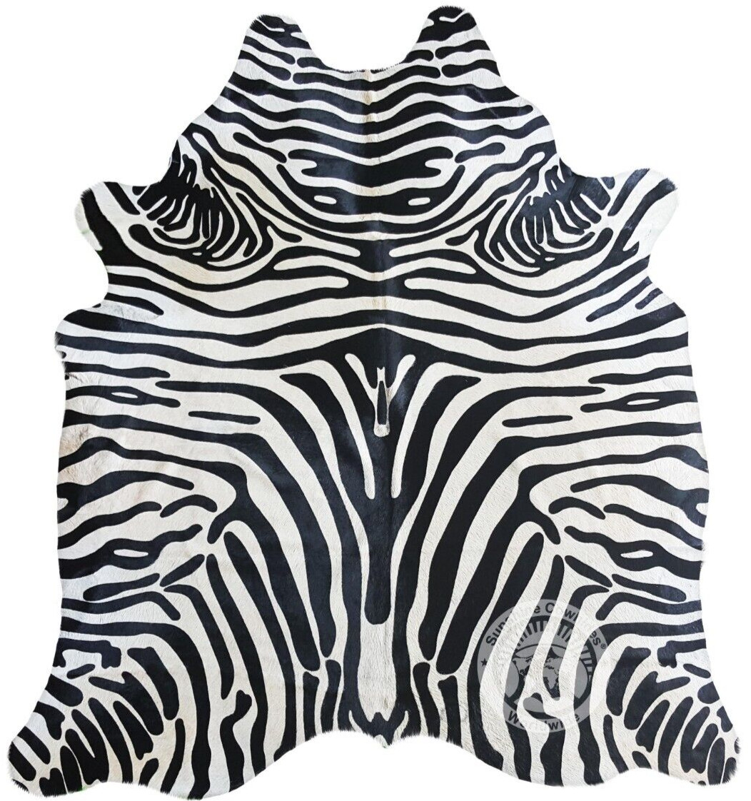 Genuine Cowhide Rug Zebra Black Stripes On Off White - Size 6x7-8'