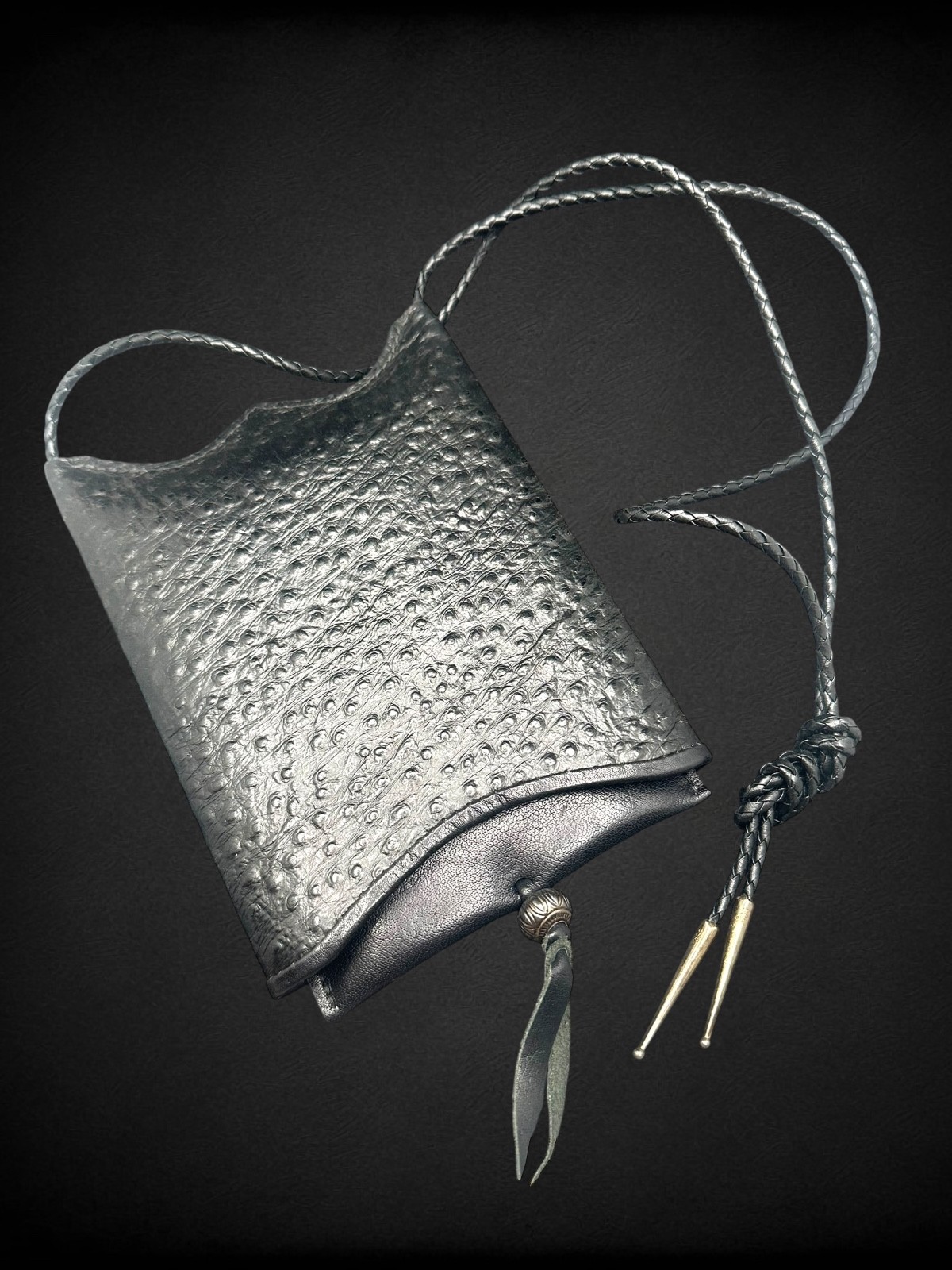 Vtg John Fleming Black Leather Ostrich Sterling Slip Top Braided Strap Purse Bag