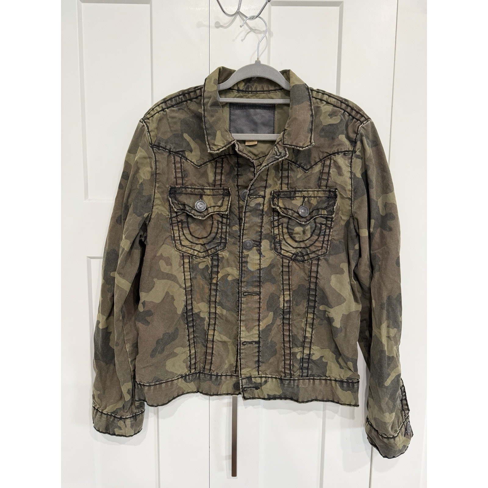RARE True Religion Jimmy Super T Olive Green Camo Jacket Large