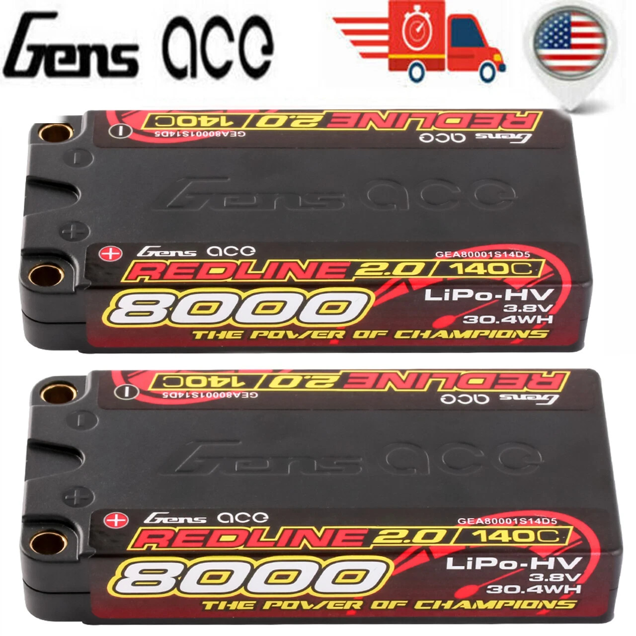 2X Gens Ace 8000mAh 3.8V 140C 1S Lipo Battery HardCase HV For 1:10 Racing Car US
