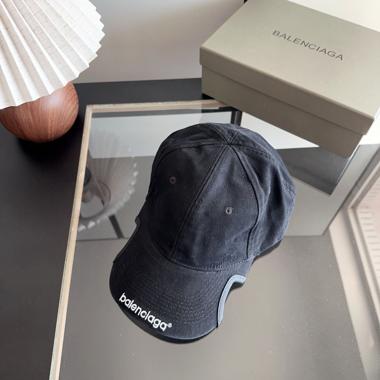 Balenciaga Logo Embroidered Cut-Out Cap Black Vintage Faded Hat With Box Balenciaga Logo Embroidered Cut-Out Cap Black Vintage Faded Hat With Box