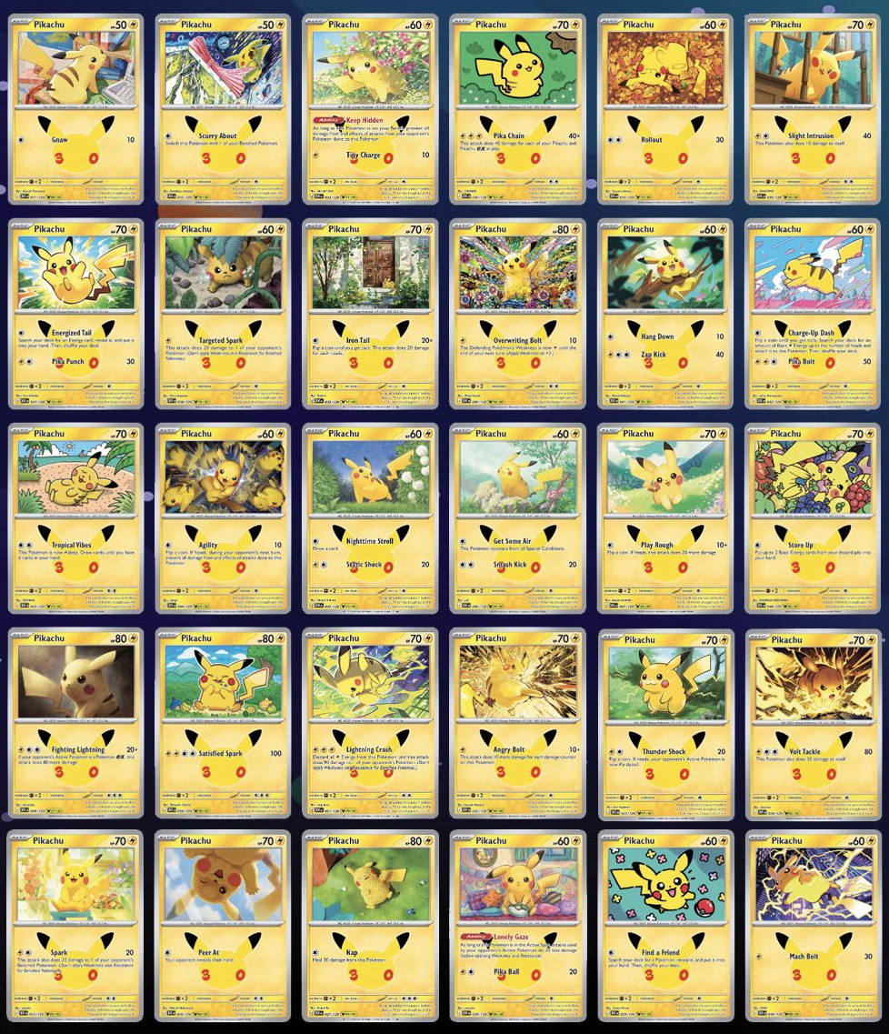 ENGLISH Pokemon TCG 30th Celebration Pikachu 1-30 Anniversary Complete Set ENGLISH Pokemon TCG 30th Celebration Pikachu 1-30 Anniversary Complete Set