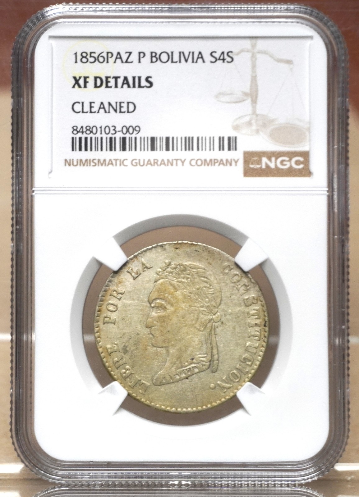 BOLIVIA 1856 PAZ P 4 SOLES NGC XF DETAILS, CLEANED 103009 BOLIVIA 1856 PAZ P 4 SOLES NGC XF DETAILS, CLEANED 103009