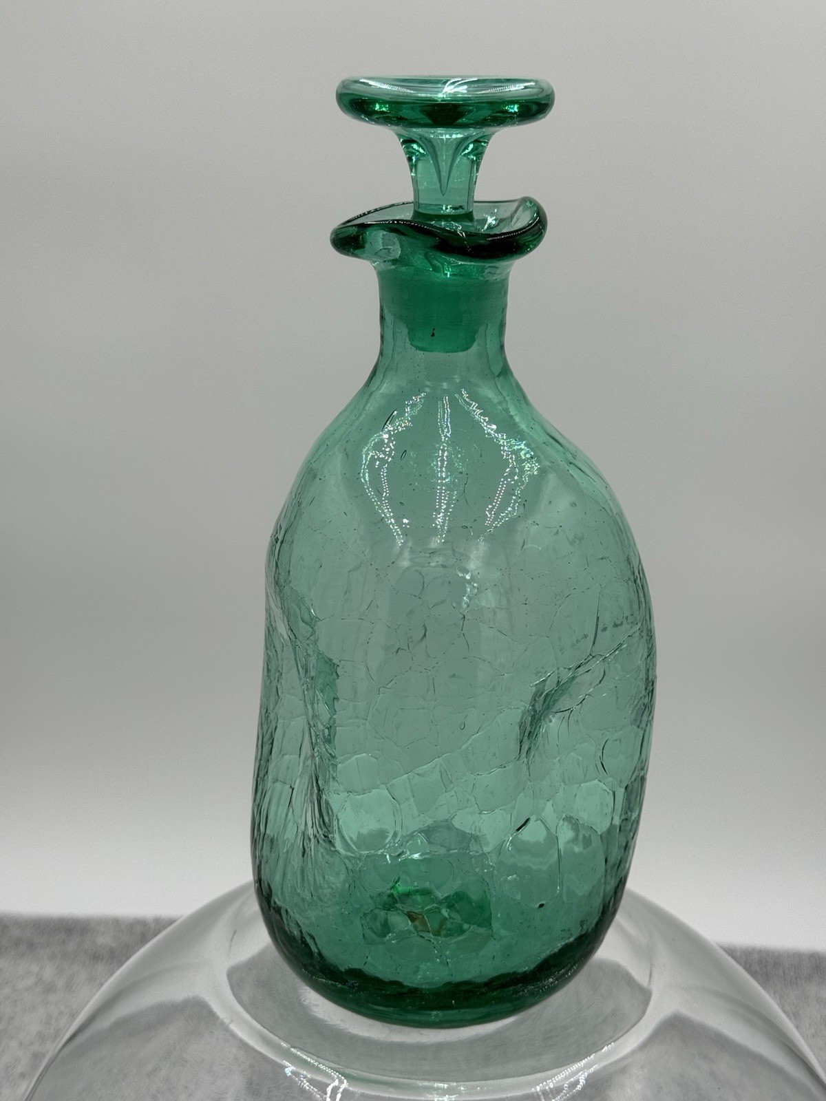 1968 BLENKO #49 Crackle Glass Pinch Decanter with Stopper Aqua Sea Green 10.5 1968 BLENKO #49 Crackle Glass Pinch Decanter with Stopper Aqua Sea Green 10.5