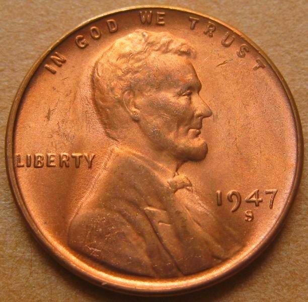 1947-S Very Nice BU Red Lincoln Wheat Cent from an Original Bank-wrapped Roll 1947-S Very Nice BU Red Lincoln Wheat Cent from an Original Bank-wrapped Roll