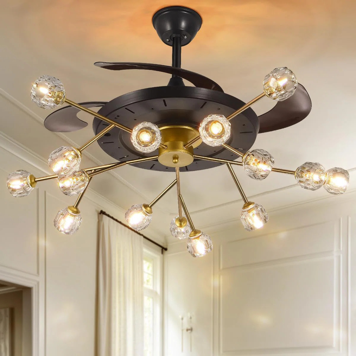 42 Inch Gold Brass Sputnik Ceiling Fan with Remote, 6 Speeds