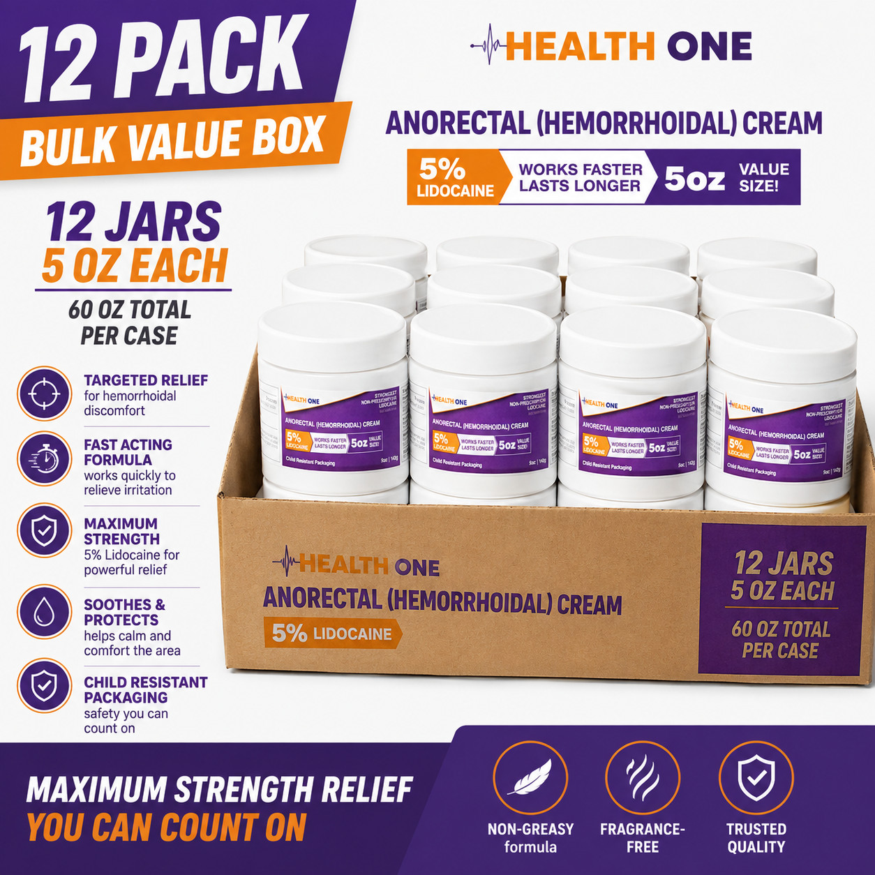 CLEARANCE 12 Pack Hemorrhoid Cream Lidocaine 5% 5oz Health One EXP 09/2026