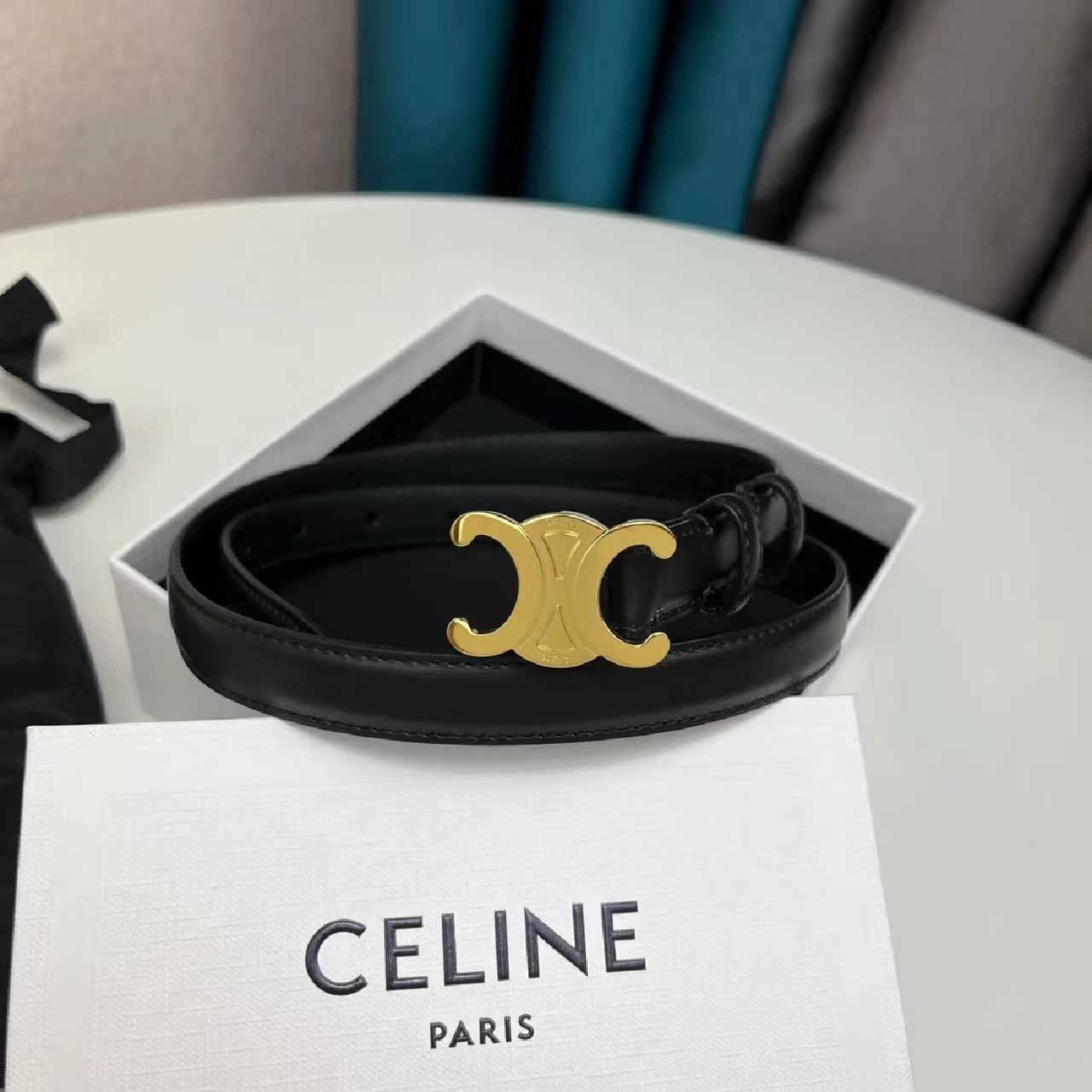 Celine Black and Gold Logo Skinny Fashion Women’s Belt, size 85, 1.8 cm
