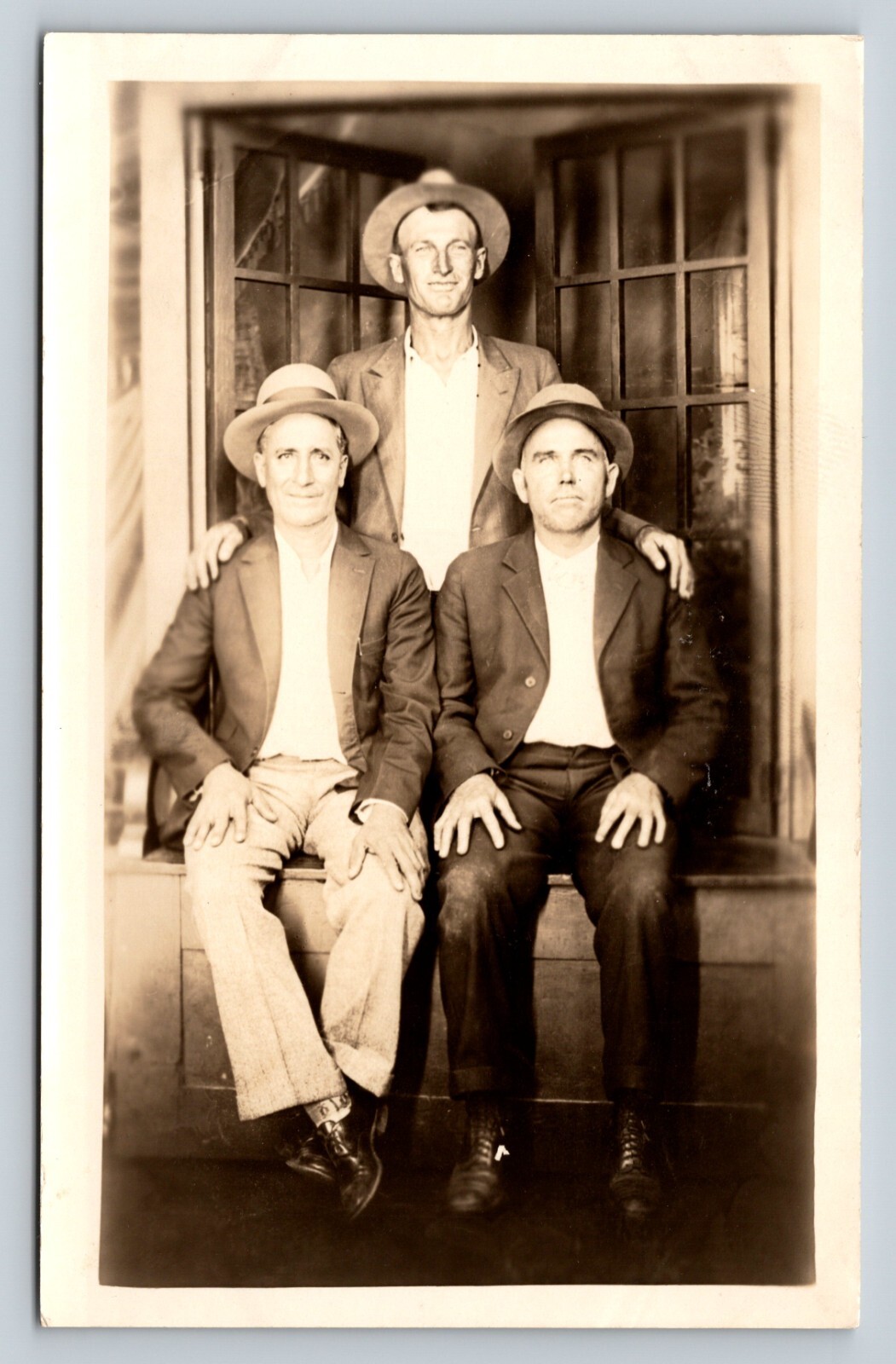 RPPC Three Men in Suits and Hats Pose in Window VINTAGE Postcard DOPS 1925-1942