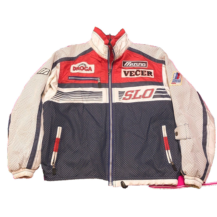 VTG 1998 Mizuno Slovenia Ski Team Bomber Jacket Men\'s S Sponsor Patches Winter