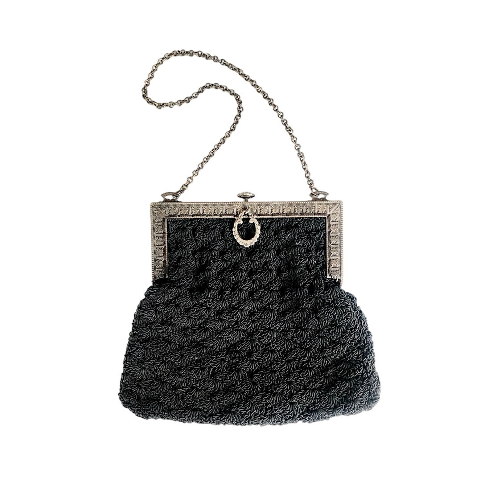 Antique Evening Bag Edwardian Purse Black Crochet Silver Etched Frame 1900s Antique Evening Bag Edwardian Purse Black Crochet Silver Etched Frame 1900s