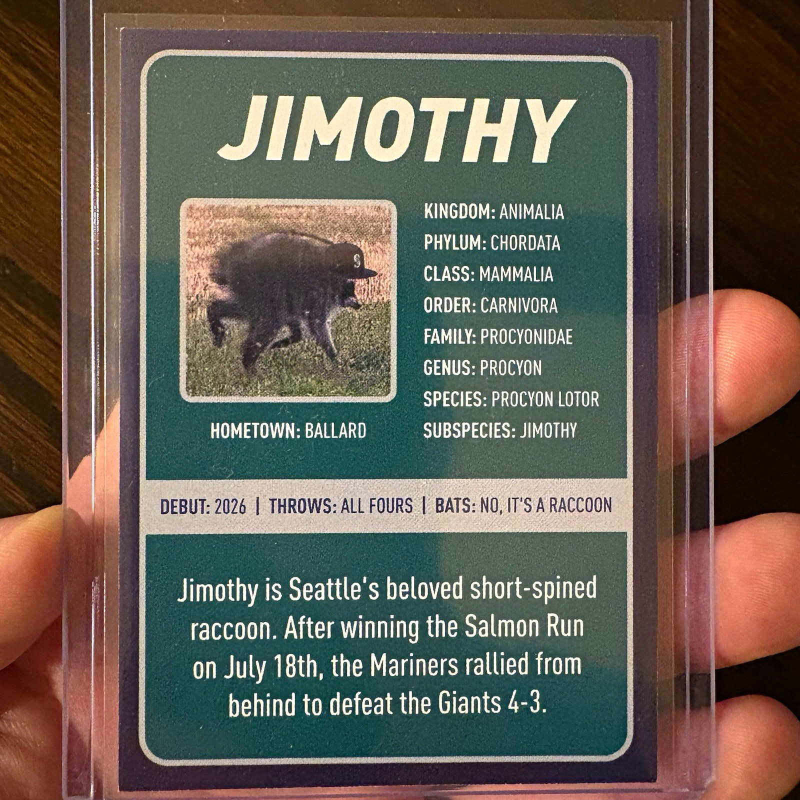 2026 Seattle Mariners Jimothy the Raccoon RC Rookie Card 8/5/26 Silver Misprint